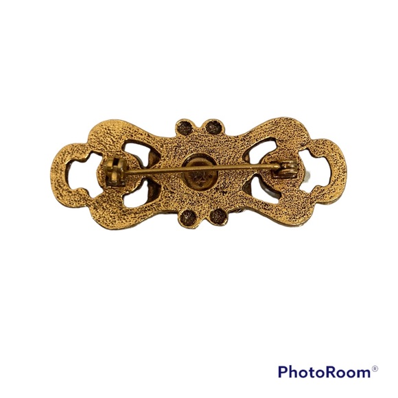 Antique Georgian Scottish Style Brooch w Ruby Glass, Split Pearl, Brass Metal - Picture 6 of 6